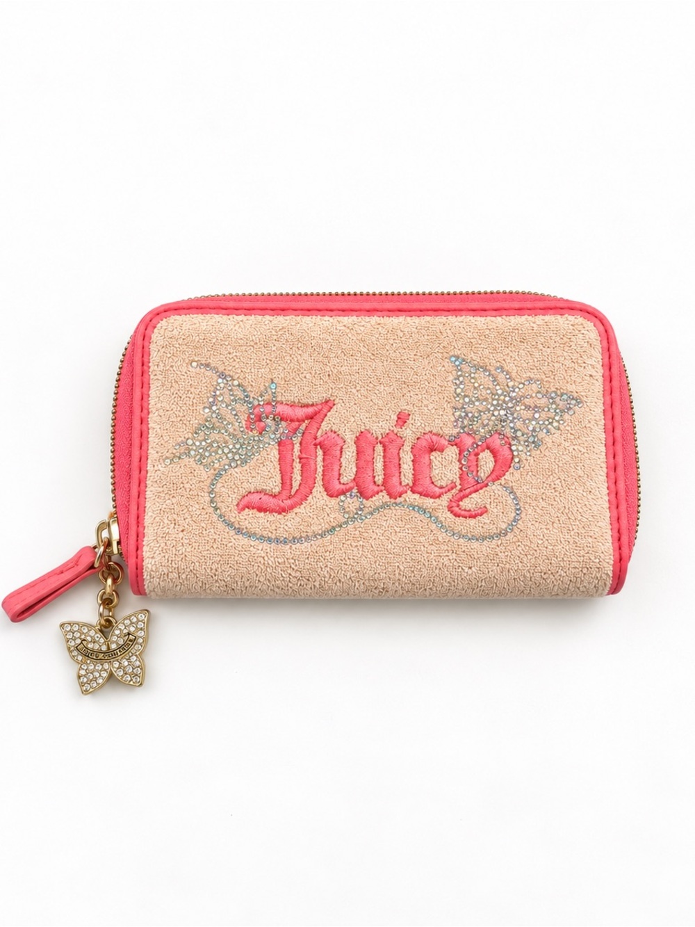 Juicy Couture Pink Cream Rhinestone Logo Zip Around Wallet
